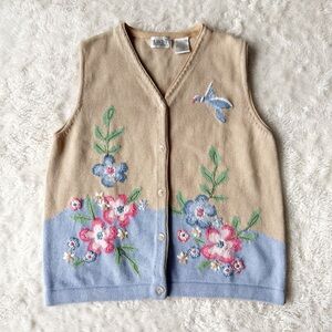VTG Tabi Woman Cream Floral Bird Knit Button Front Sweater Vest MEDIUM Country